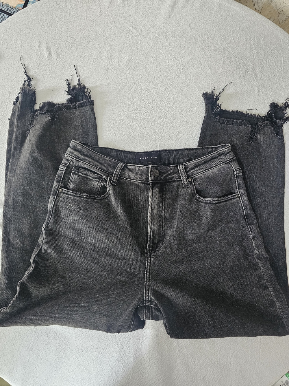 Risen Black Distressed Straight Crop Jeans with Shark Bite Hem - Size 13/31